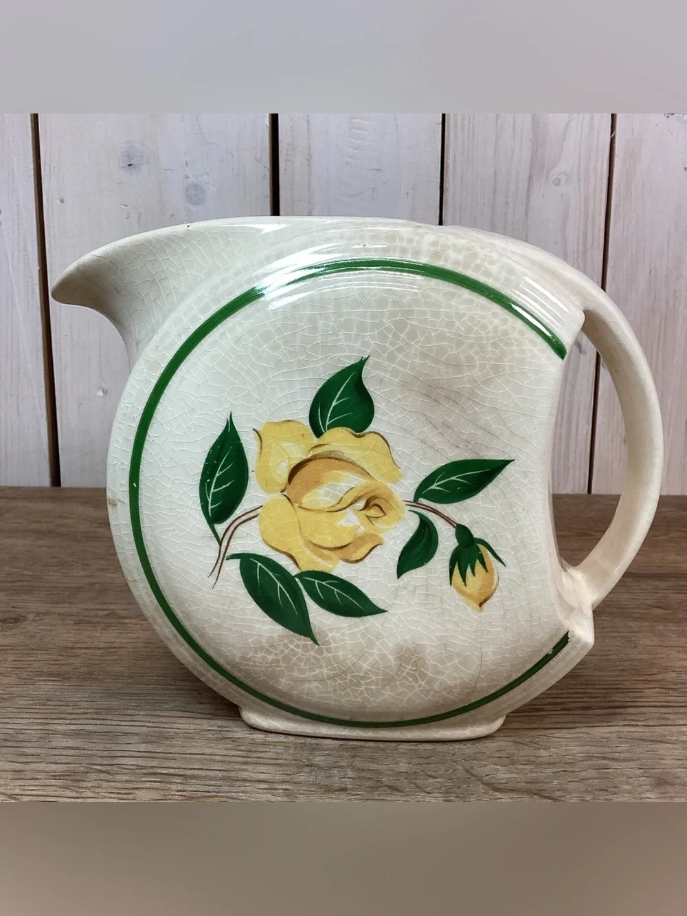 Stained & Crazed Vintage Yellow Rose Disc Pitcher